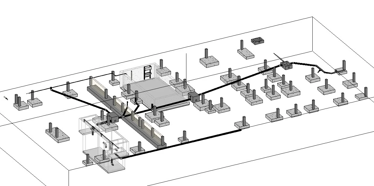Modelo BIM de cimentación con zapatas aisladas, contratrabes y trazo de instalación sanitaria