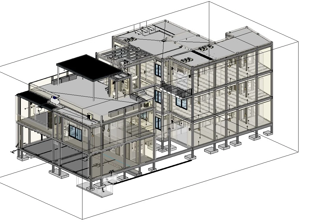 Modelo BIM federado en Revit con estructura, losas e instalaciones coordinadas